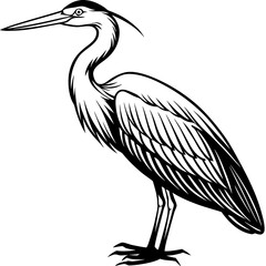 Silhouette Vector of Standing Egret Bird on White Background, Egret Silhouette Clipart, Bok Pakhi Minimal Shape, Heron Style Bird Shadow Art
