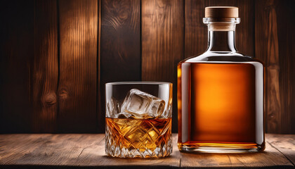 Bottle And Glass Of Whiskey With Ice On A Wooden Background