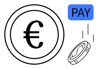Euro coin with black outline, falling coin, and blue PAY label. Ideal for finance, transactions, savings, commerce, digital payment economy investment. Simple flat metaphor