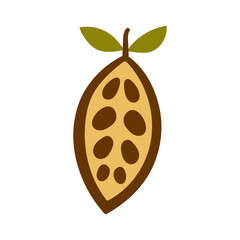 Vector cocoa pod with beans and green leaves isolated on white. Exotic fruit section illustration for chocolate production, gourmet dessert, bakery menu, and eco packaging.