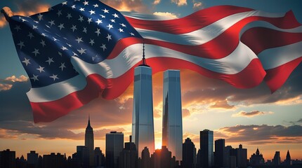 Silhouette of New York City skyline at sunset with the Twin Towers