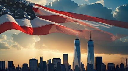 Silhouette of New York City skyline at sunset with the Twin Towers