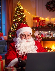 Santa Claus using laptop in home