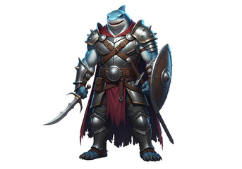 A powerful shark-like creature, clad in detailed plate armor, wields a sword and shield, evoking a sense of strength and readiness.