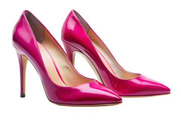 Pair of glossy pink pointed-toe stiletto high heel shoes cutout png isolated on a transparent background