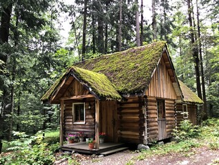 Drewniany domek w lesie z dachem porośniętym mchem