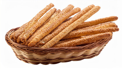 Sesame Bread Sticks In A Basket Isolated On Transparent Background