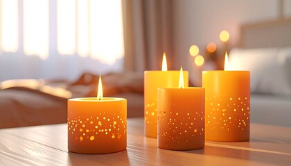 Warm, cozy indoor scene with four lit candles on a wooden table. Background has a blurred bedroom and soft lighting
