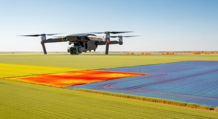 Medium shot of a drone capturing infrared images over a vast agricultural field highlighting crop health variations and potential disease zones during daylight.