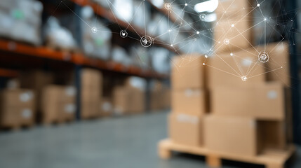 Warehouse interior with digital network overlay representing supply chain connectivity and logistics technology
