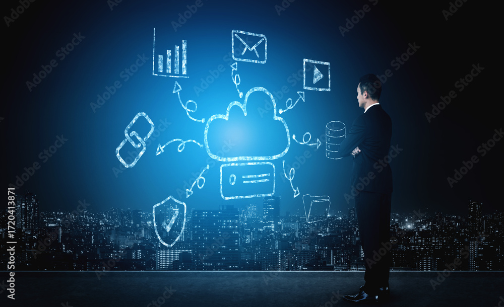 Aufkleber a hand drawn doodle of a cloud computing services ecosystem. a creative sketch of a network for data