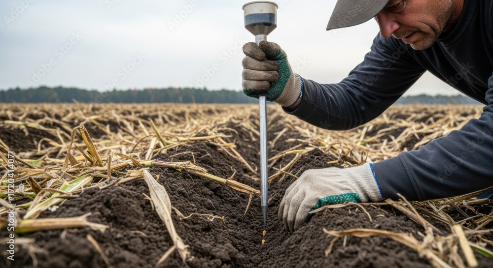 Poster medium shot of a farmer gently planting seeds directly into residuecovered soil using notill methods