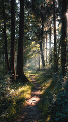 Fototapeta premium Sunlit Forest Trail Adventure