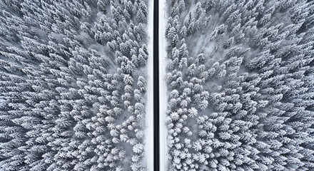 Aerial view of a straight road cutting through snowy pine forest, creating a stunning and symmetrical winter landscape.