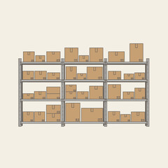 Cardboard boxes stacked on industrial shelving units.
