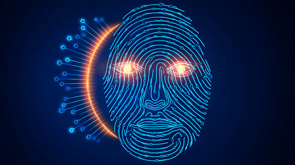 Digital face composed of fingerprint patterns with glowing eyes and neural network elements on a dark background