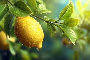 Fresh lemon on branch with dew drops in sunlight