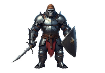 Obraz premium A gorilla in full medieval plate armor, holding a sword and shield, against a black backdrop.