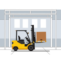 Yellow forklift carrying a box inside a warehouse.