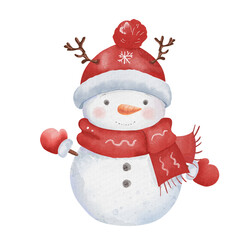 Cute smiling snowman wearing red hat and scarf, mittens, reindeer antlers, with carrot for nose. Watercolor children illustration, isolated on white background, hand drawn. Element of winter holiday