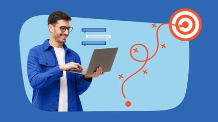 Smiling man with laptop aiming at target, business strategy and goal achievement concept