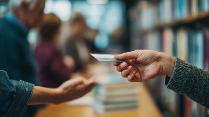 Medium shot of a librarian handing a membership card to a visitor with surrounding users and books out of focus emphasizing dual membership benefits.