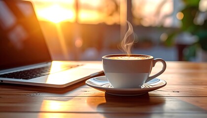 Warm image depicts a steaming coffee cup on a wooden table beside an open laptop; the sun sets in the bokeh background