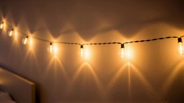 Decorative string lights illuminating a room, creating a warm, cozy, and ambient atmosphere footage
