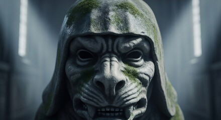 Obraz premium Mysterious lion-headed stone statue with moss. Ideal for gothic themes, Halloween, fantasy art, and historical settings. Evokes mystery, mythology, and ancient ruins.