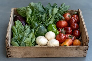 Wooden rustic basket overflowing with fall vegetables and fruits