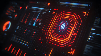 Futuristic digital interface with glowing red and blue circuit patterns and central data core