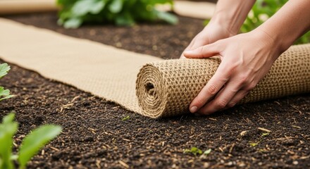 Closeup medium shot of hands unrolling a biodegradable weed barrier roll demonstrating easy installation in a sustainable gardening setup.