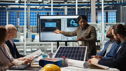 Factory research and development division scientists collaborate to test nanomaterials for next generation solar panels, aiming for breakthroughs in durability and performance, camera A