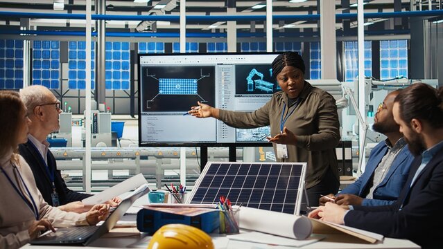 Factory research and development division scientists collaborate to test nanomaterials for next generation solar panels, aiming for breakthroughs in durability and performance, camera A - Powered by Adobe