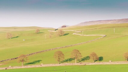 Rolling green hills and fields in the yorkshire dales on a sunny day
