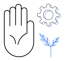 Fototapeta premium An open hand, a gear, and a sprouting leaf represent harmony, collaboration, sustainability, innovation, eco-friendliness, progress and ethical practices. Ideal for environmental balance