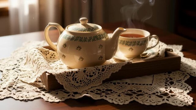 Teapot and steaming cup of tea on wood tray with lace doily, conceptual footage of cozy hot drink