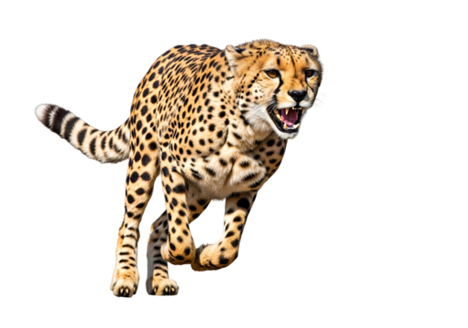 A powerful cheetah in a dynamic running pose against a stark black background.