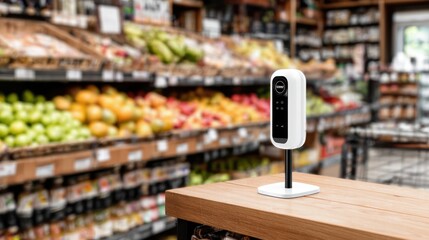 Standmounted label scanner positioned at a checkout counter highlighting sharp focus on its sleek interface while the surrounding store environment remains softly blurred.