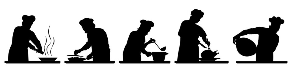 Chef cooking silhouettes, food preparation. Profession silhouettes. Vector illustration