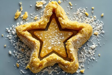Star-shaped cookie dough surrounded by flour particles showcasing the art of baking with warmth creativity and culinary craftsmanship in a cozy kitchen environment