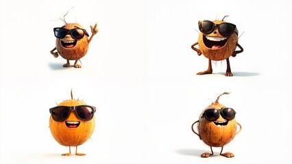 A series of four images banana wearing sunglasses background cartoonish composition scene colorful design motion illustration expression emotion figure movement layers backgrounds gesture