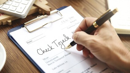 Hand with Pen Filling Out Check Tojack Form on Clipboard with Ca