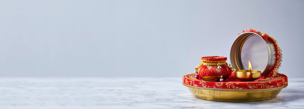Karwa Chauth pooja thali with decorated sieve, diya and kalash placed on white background, traditional Hindu festival banner, copy space for festive greetings or text