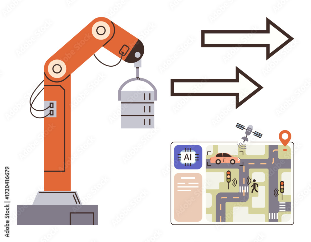 Poster robotics arm lifting data server, arrows indicating data transfer, ai map with cars and satellites. 