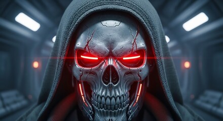 Fototapeta premium Futuristic mechanical skull with glowing red eyes in a dark, metallic corridor. Perfect for Halloween, sci-fi posters, video game graphics, and technology themes.