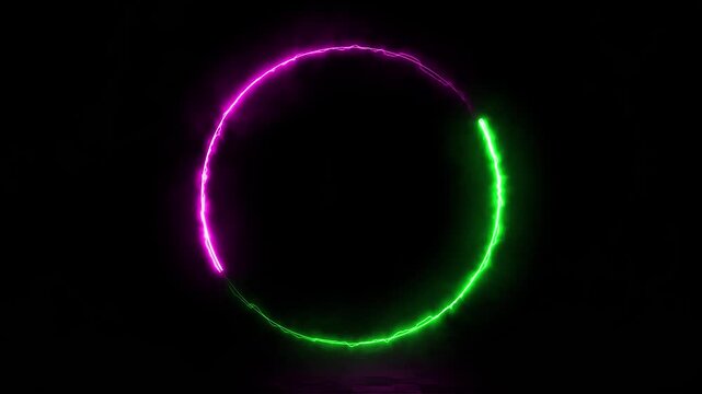 A geometric and neon circle rotates with glowing green and purple coluurs and lines on black background. 3d endless loop animation with free copy space for text or logo. 4k resolution 