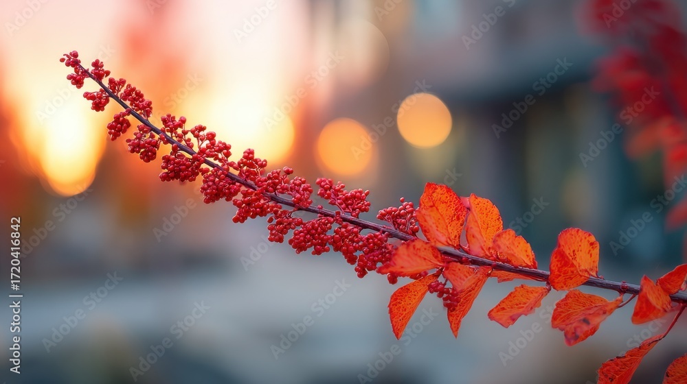 Poster medium shot of a vibrant seasonal color display with bold reds and oranges sharply focused against a