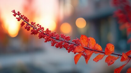 Medium shot of a vibrant seasonal color display with bold reds and oranges sharply focused against a soft blurred background of complementary tones.