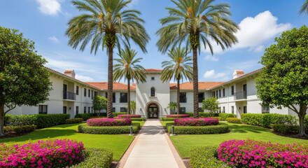 Elegant Courtyard Oasis A Serene Pathway Through Lush Landscaping and Palm Trees Leading to a Beautiful Building Under a Bright Blue Sky in a Tropical Setting